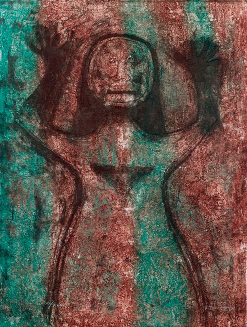Mujer con los brazos en alto, Mixografía sobre papel, 76 x 58 cm, por Rufino Tamayo — Aura Galerías