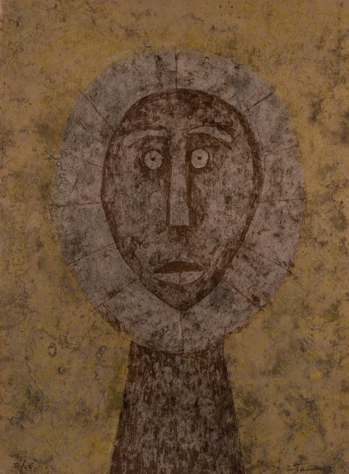 Cabeza en gris, Aguafuerte a color, 76 x 56 cm, por Rufino Tamayo — Aura Galerías
